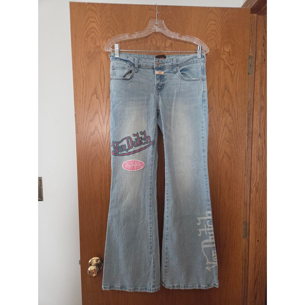 Von Dutch Patch Flare Bootcut Wide Light Wash Logo Low Rise Print y2k 90s 27 GUC